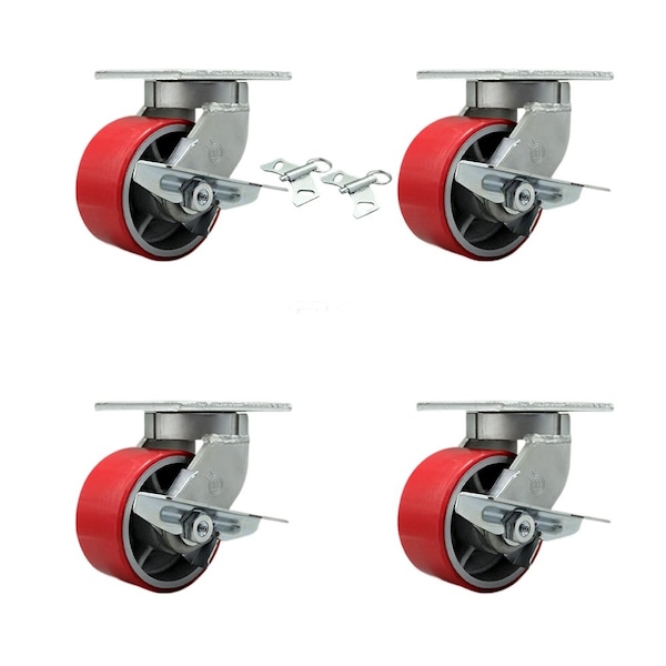 Service Caster 6'' Heavy Duty Red Poly on Cast Iron Caster Set 4 Brakes 2 Swivel Locks, 4PK CRAN-KP92S630-PUR-RS-SLB-BSL-2-SLB-2 - main